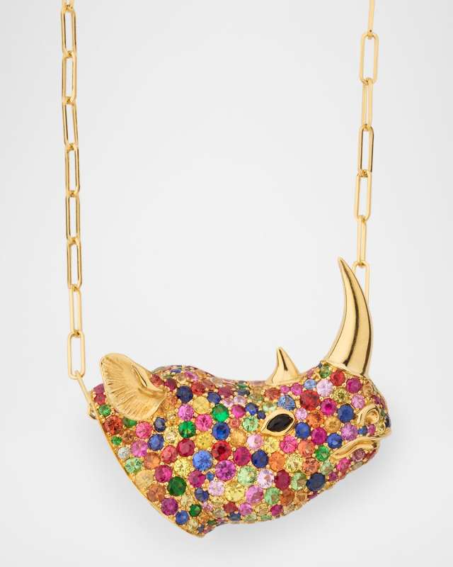Ark 18K Yellow Gold Multi Sapphire and Onyx Rhino Brooch Pendant and Chain, 18"L